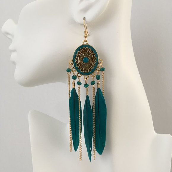 Boho Teal & Gold Moroccan Style Dangle Earrings - Picture 4 of 6